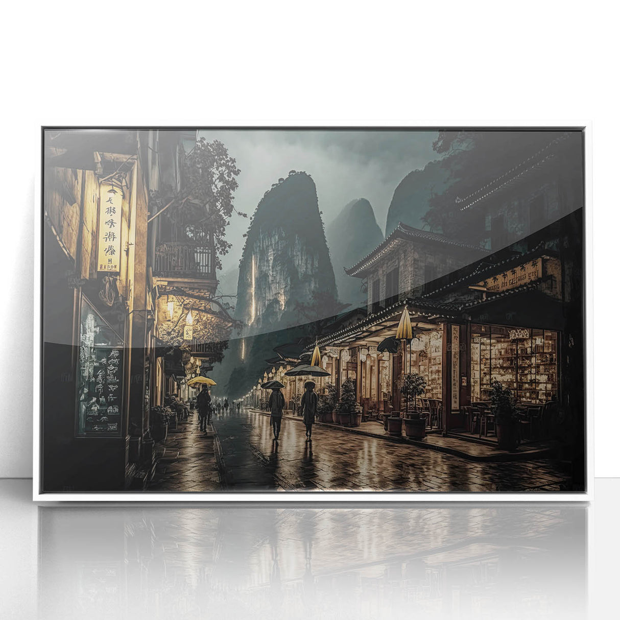 Art deco poster of Kyoto scenery in muted colors on framed acrylic, ideal for nursery wall decor.