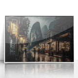 Art deco poster of Kyoto scenery in muted colors on framed acrylic, ideal for nursery wall decor.