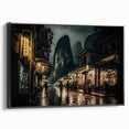 Black and white wall art featuring a vintage poster art style landscape of Kyoto, printed on framed canvas.