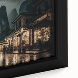 Extra large framed canvas of a textured Kyoto scenery in black with colorful accents, ideal for living room decor.