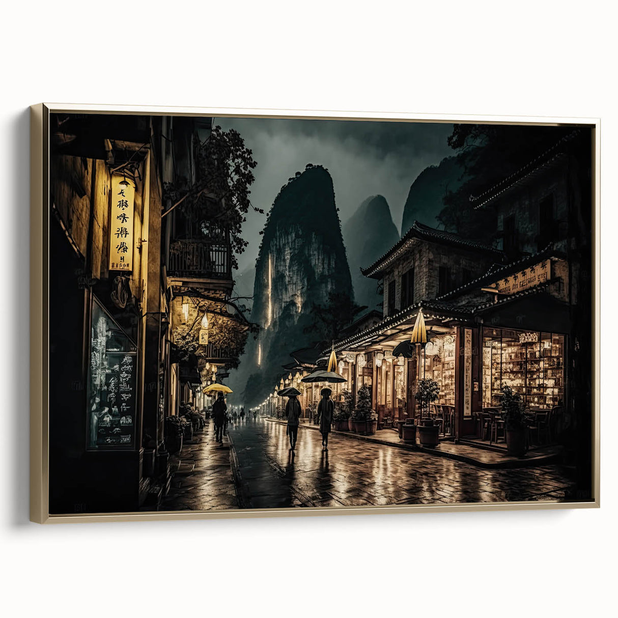 Framed canvas featuring a vintage-style landscape painting of Kyoto with black and gold tones, ideal for bedroom wall art.
