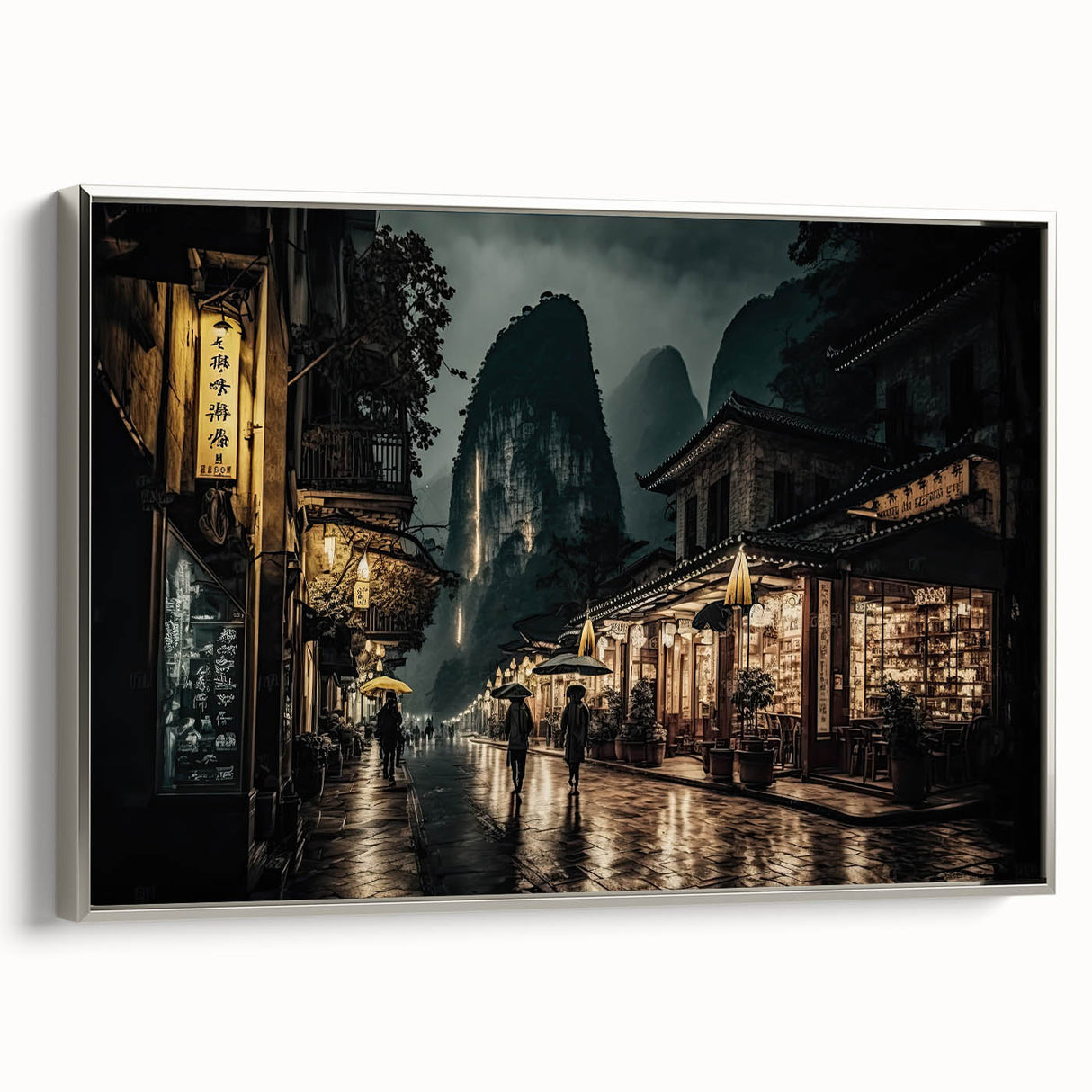 Vintage poster art of a Kyoto landscape on framed canvas, featuring vibrant colorful details against a black background.