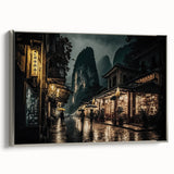 Vintage poster art of a Kyoto landscape on framed canvas, featuring vibrant colorful details against a black background.