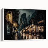 Vintage poster art of Kyoto scenery in colorful hues on extra large framed canvas, ideal for living room decor.