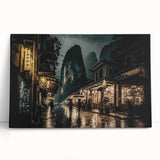 Black and white ink-style depiction of Kyoto scenery on stretched canvas, suited for kitchen wall art or bedroom ambiance.