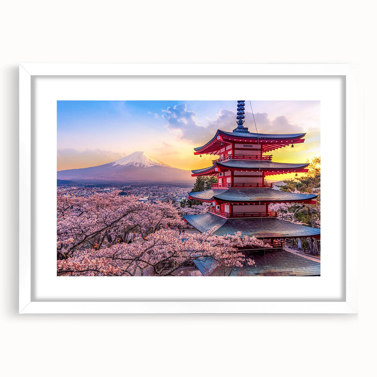 Abstract art print of Mount Fuji in muted blue and white tones on a framed canvas, suitable for dining room decor.