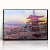 Large abstract wall art depicting Mount Fuji in muted blue and white tones, framed in black acrylic.