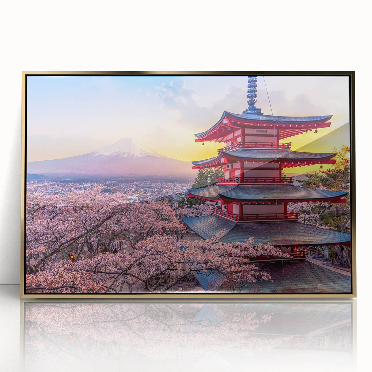 Mid-century modernist depiction of Mount Fuji in pastel colors on a framed acrylic, suitable for modern art wall decor.
