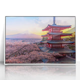 Acrylic print of Mount Fuji with cherry blossoms in art deco style, using pastel shades, ideal for modern art wall decor.