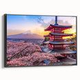 Black and white framed canvas of Mount Fuji, featuring vintage poster art style, ideal for bedroom wall decor.