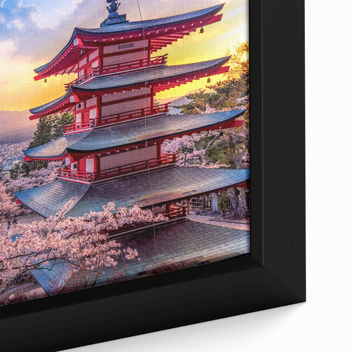 Extra large framed canvas of Mount Fuji with textured black and colorful art, ideal for living room decor.