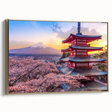 Framed canvas wall art of Mount Fuji with vintage poster style in black and gold tones, suitable for bedroom decor.