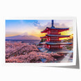 Extra large rolled print depicting Mount Fuji with pink cherry blossoms in foreground, suited for art wall dining room.