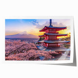 Extra large rolled print depicting Mount Fuji with pink cherry blossoms in foreground, suited for art wall dining room.