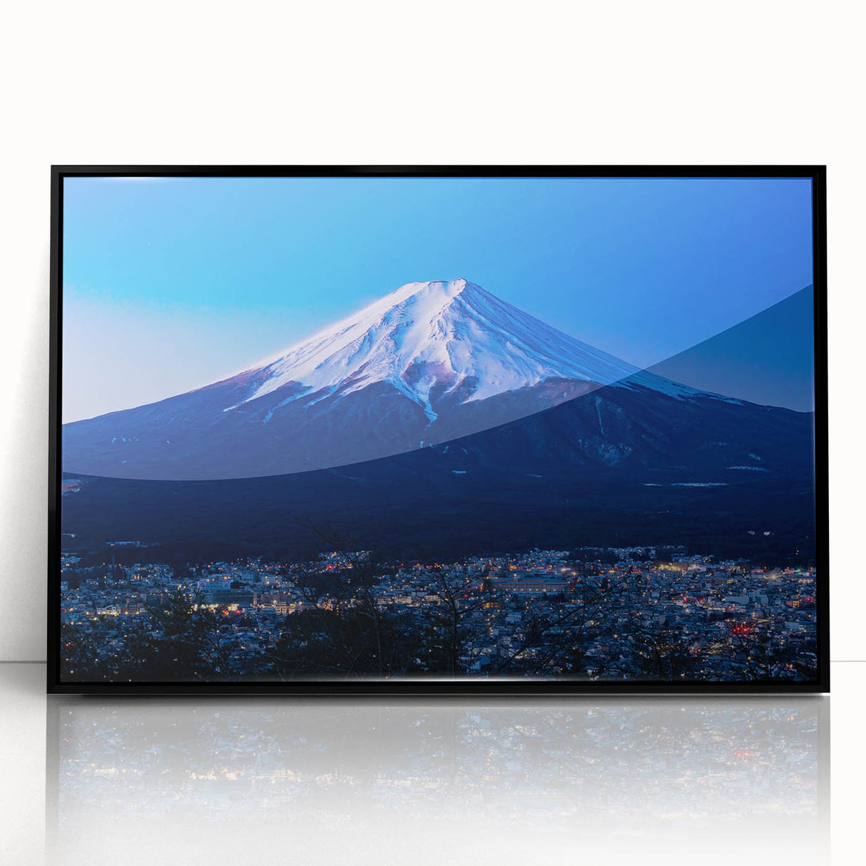 Large abstract wall art depicting a stylized Japanese landscape in muted earth tones, framed in black acrylic.
