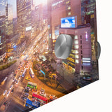 Large abstract wall art depicting the Seoul skyline in muted gray and blue tones on acrylic glass, ideal for dining room art.