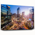 Large abstract depiction of Seoul skyline in muted gray and blue tones on acrylic glass, ideal for dining room art.