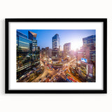 Extra large abstract art print of Seoul cityscape in colorful, textured strokes on a black framed canvas.
