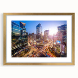 Extra large wall art featuring an abstract print of Seoul's skyline in textured gold and black tones.