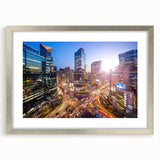 Textured art print of abstract Seoul skyline in muted silver and gray tones, framed with a silver mat.