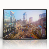 Large abstract wall art depicting Seoul's skyline in muted gray tones on a framed acrylic.