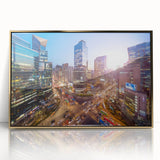 Large art print of Seoul skyline in muted gold and gray tones on framed acrylic, ideal for modern art wall decor.