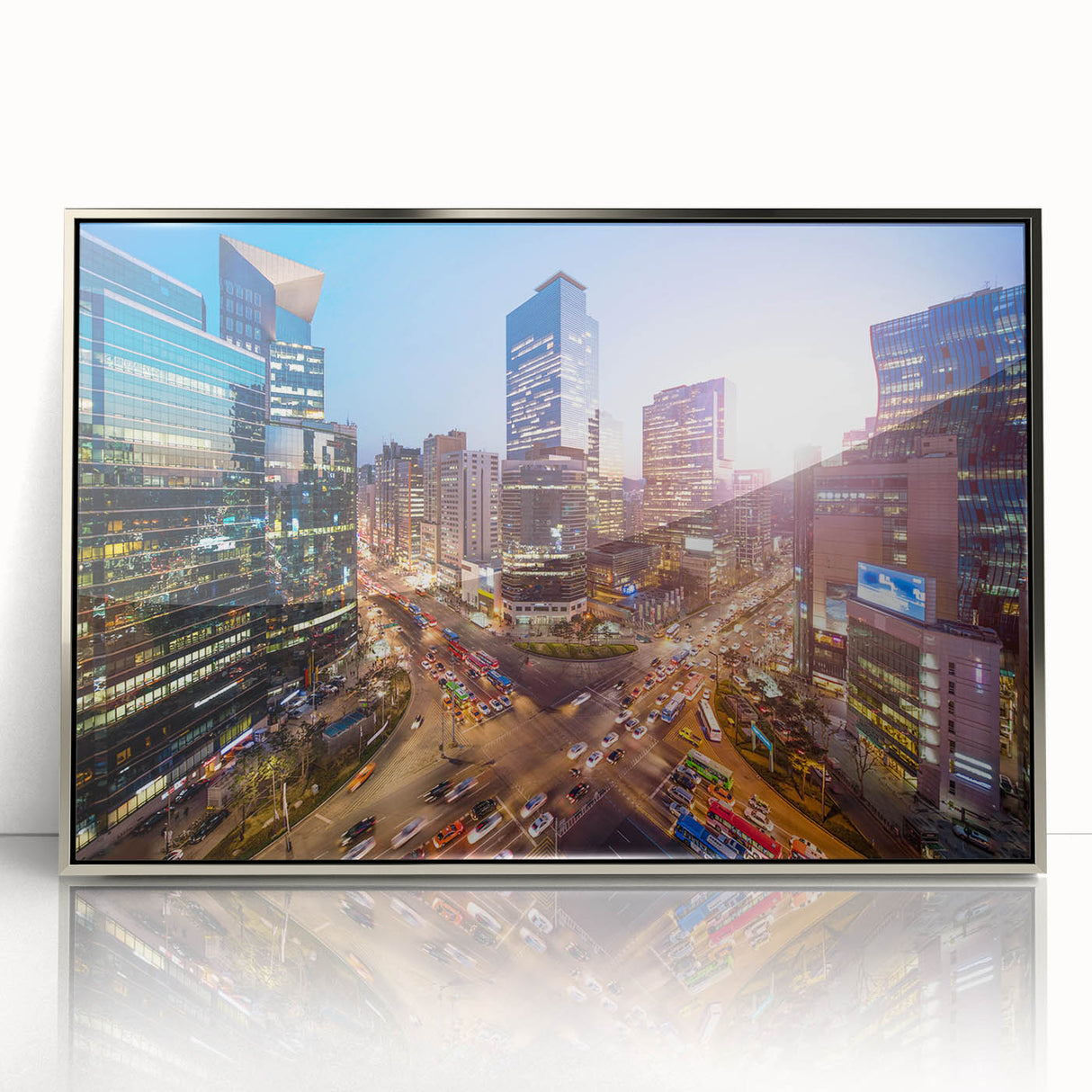 Mid-century modernist art depicting the Seoul skyline in muted silver and gray tones on a framed acrylic print.