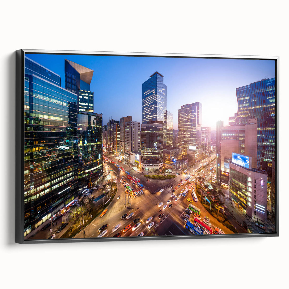 Black and white vintage poster art of the Seoul skyline on framed canvas, suitable for bedroom wall decor.