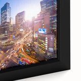Extra large framed canvas depicting a textured, colorful Seoul cityscape, in muted tones, ideal for living room decor.