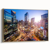 Framed canvas of Seoul landscape in vintage poster style, featuring muted gold and black tones, ideal for bedroom wall art.