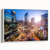 Vintage poster art of Seoul with colorful imagery on a large framed canvas, ideal for living room decor.