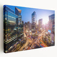 Large canvas print of Seoul skyline in muted gray and blue tones, suitable for kitchen wall art.