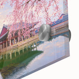 Large abstract wall art depicting a mid-century modernist Korean scenery in muted earth tones on acrylic glass.