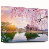 Large abstract wall art depicting a serene Korean landscape in muted blue and green tones on acrylic glass.