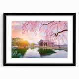 Extra large abstract art print of a colorful, textured Korean scenery on a black framed canvas, ideal for living room decor.