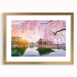 Extra large abstract art print of a textured Asian landscape in muted gold and green tones, framed with a mat.