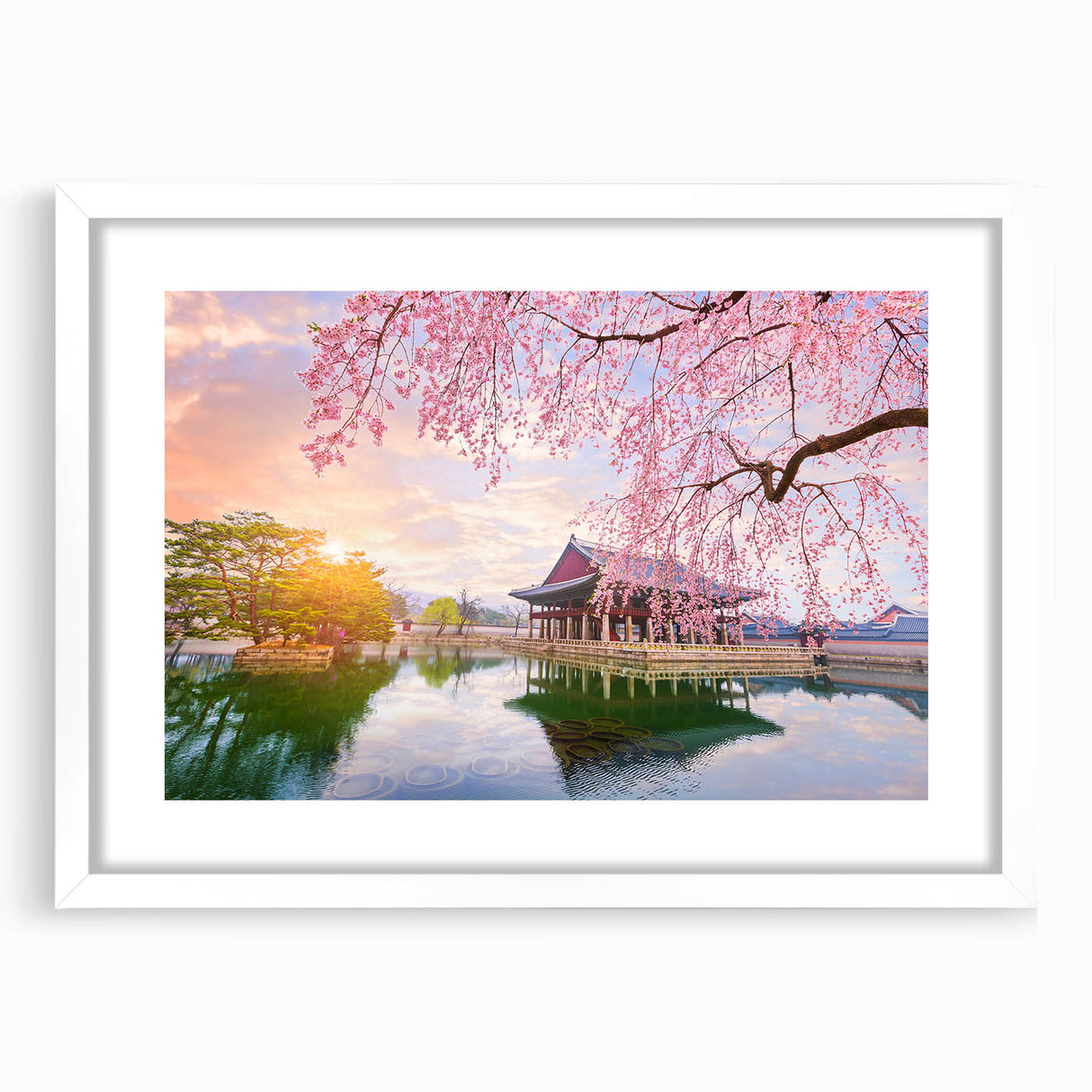 Abstract art print of a Korean landscape in muted earth tones, framed with a white mat, ideal for dining room decor.