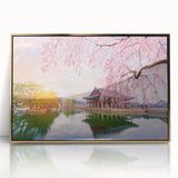 Acrylic print of a serene Korean landscape with muted gold tones, framed, ideal for modern art wall decor.
