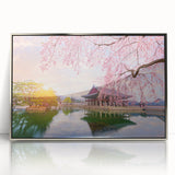 Mid-century modernist art depicting a serene Korean landscape in muted earth tones on a framed acrylic print.