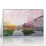 Acrylic print of a serene Korean landscape in muted green and blue tones, framed in white, ideal for modern art wall decor.