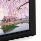 Close-up of extra large framed canvas featuring a textured, colorful Korean landscape in black, ideal for living room decor.