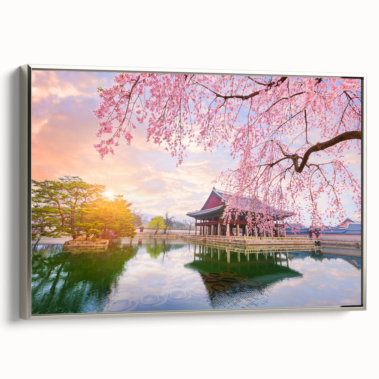 Landscape art painting of a scenic Korean village in colorful hues on a framed canvas, ideal for living room decor.