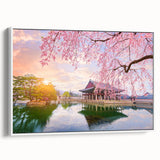 Vintage poster art of a scenic Korean landscape on a framed canvas, featuring vibrant colors ideal for living room decor.