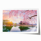 Extra large rolled print of a serene Korean landscape in muted green and blue tones, ideal for dining room wall art.