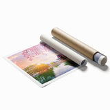 Extra large rolled print of a serene Korean landscape with soft floral elements, ideal for classy bathroom wall art.