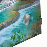 Large abstract wall art featuring a Laos scenery in muted earth tones on acrylic glass, ideal for dining room ambiance.