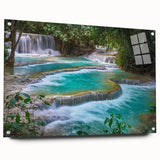 Acrylic glass print of a Laotian landscape in muted green and blue tones, suitable for bedroom or dining room decor.