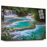 Large abstract wall art depicting a serene Laos landscape in muted earth tones on acrylic glass.