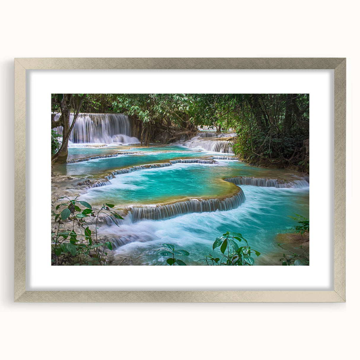 Textured abstract art print of a Laotian landscape in muted earth tones, framed in silver, ideal for bedroom art.