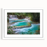 Abstract art print depicting a serene Laotian landscape in muted earth tones, framed with a white mat.